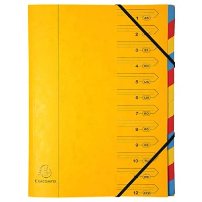 Image de Exacompta Réf. 54129E 1 trieur dos agrafé avec élastiques couverture imprimée en carte lustrée et intérieur recyclée 12 compartiments dim 24,5x 32 cm pour A4 couleur jaune