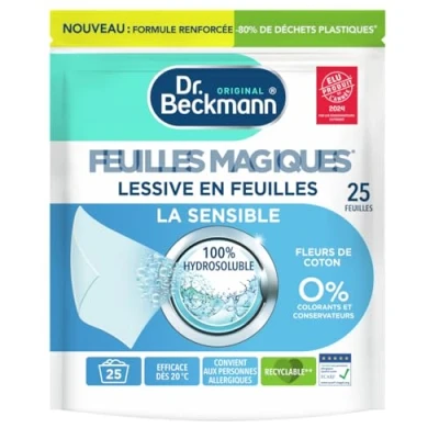 Image de Dr. Beckmann 25 feuilles MAGIQUES Lessive en LA SENSIBLE Hypoallergénique Format pré dosé, pratique et léger 100% hydrosoluble, facile à utiliser ranger