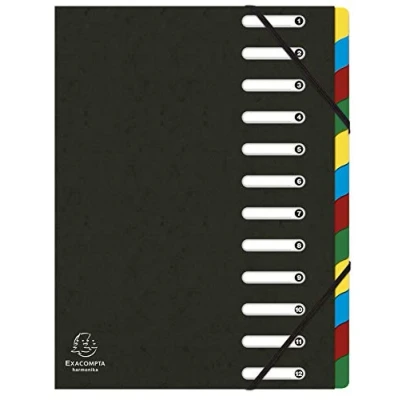 Image de Exacompta Réf. 55121E 1 trieur HARMONIKA avec élastiques et fenêtres découpées couverture en carte lustrée dos extensible 12 compartiments pour A4 dim 24,5 x 32 cm couleur noir
