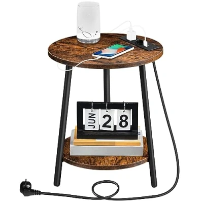 Image de HOOBRO Table Basse avec Station de Charge, d&#039;Appoint Ronde à 2 Niveaux, Canapé pour Salon, Chambre, Petit Espace, Marron Rustique et Noir EBF67CBZ01