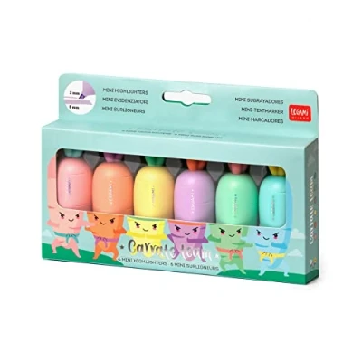Image de Legami Set de 6 Mini Surligneurs, Carrate Team, Surligneurs en Forme Carotte, Encres à Base d&#039;Eau, pour Traits Fins et Epais, Couleurs Pastel, Séchage Rapide