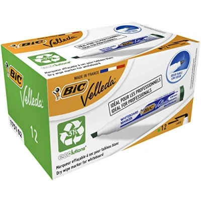 Image de BIC Velleda 1751 ECOlutions Feutres pour Tableau Blanc Effaçables à Sec Pointe Moyenne Biseautée Vert, Boîte de 12