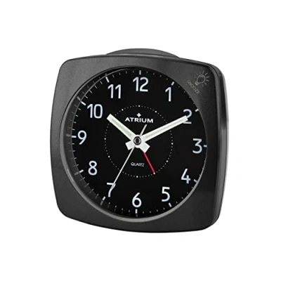 Image de ATRIUM A251 7 Réveil analogique à quartz sans tic tac, avec lumière et snooze, noir métallisé