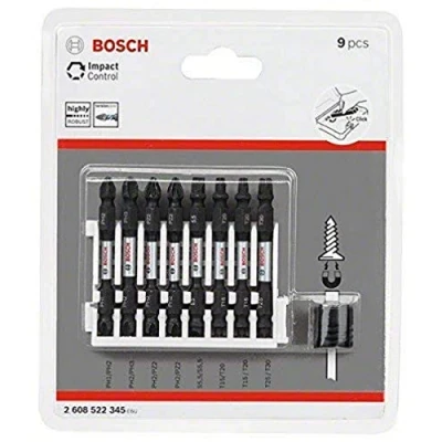 Image de Bosch Accessories 2608522345 Jeu de 9 tournevis à double embout avec commande Impact Control T/PZ/PH/SL et douille magnétique Longueur 65 mm