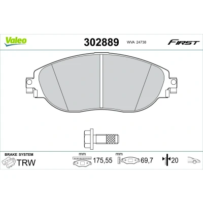 Image de VALEO Jeu de plaquettes frein Essieu avant contact signal d&#039;usure exclu avec vis/boulons, tôle anti bruit 302889