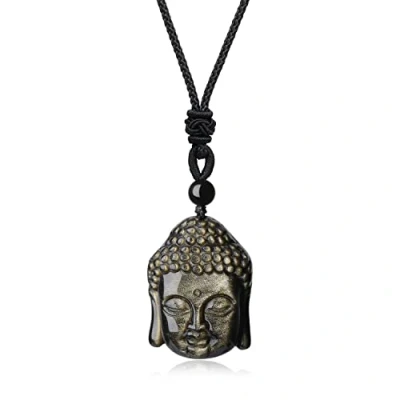 Image de COAI Collier Ajustable Pendentif Tête de Bouddha Amulette Pierre Obsidienne Dorée Homme Femme