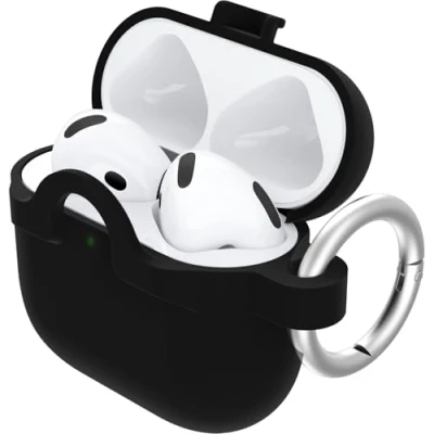 Image de Coque OtterBox Soft Touch pour AirPods (4th gen), de Protection Antichoc, Anti Chute, Ultra Mince, Rayures et éraflures Apple AirPods, Mousqueton Inclus, Noir