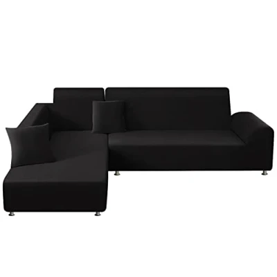 Image de ele ELEOPTION Lot de 2 Housses canapé élastiques/Extensibles pour en L avec Coussin, Noir