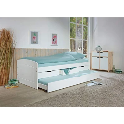 Image de Inter Link Lit gigogne avec rangements tiroir en MDF 2 couchages 90x200 cm 3 tiroirs de rangement Bois massif vernis blanc sans sommier, ni matelas Rieka