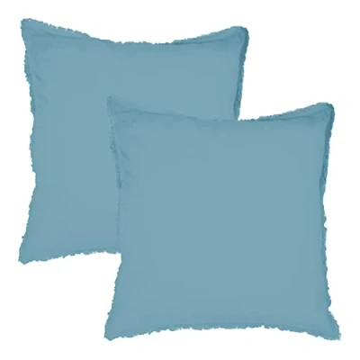 Image de MATT &amp; ROSE Taies d&#039;oreiller 65x65 cm Lot de 2 Unies à Franges Coton LAVÉ 100% Lavé Oeko TEX Bleu Givré