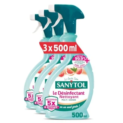 Image de Sanytol Désinfectant Nettoyant Multi Usages Parfum Pamplemousse 500 ml Lot de 3 Sans Javel, Testé Dermatologiquement Nouvelle formule 5X plus nettoyante