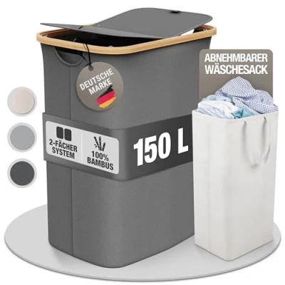 Image de Celeko panier à linge, avec 2 couvercles, compartiments, 150 l, en tissu de bambou, gris, grand, taille XXL, gris foncé, anthracite, couvercle, bac trieur