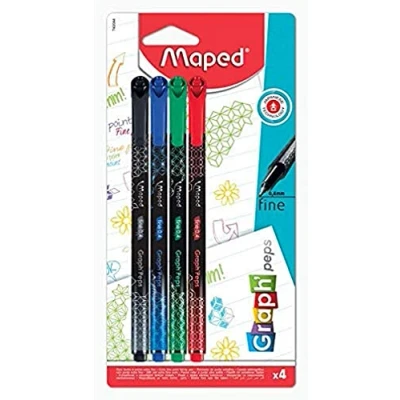 Image de Maped 4 Feutres Graph&#039;Peps Deco Pointe Fine 0,4 mm Résistante Confort d&#039;Écriture et Dessin Stylos Couleurs Noir, Vert, Rouge, Bleu
