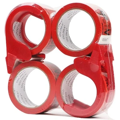Image de QILIMA Ruban Adhésif Attention Verre avec Dévidoir en Plastique d&#039;emballage Fragile Large Bande Rouge sous 48mm x 66m 4 Rouleaux