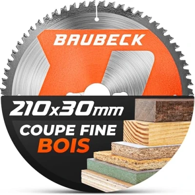 Image de BAUBECK lame de scie 210x30 + bague adaptatrice 25,4 mm 1,8 coupe dans le bois, 60 dents compatible avec scies à onglet Parkside, Einhell, Scheppach, Lux, circulaire