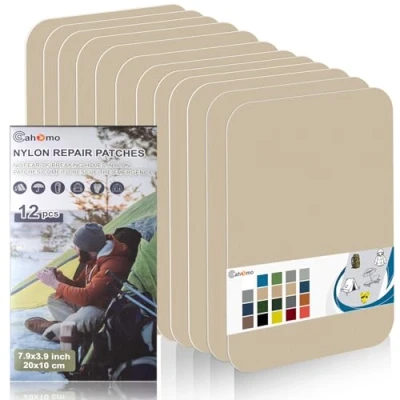 Image de Patch en nylon autocollant, Cahomo 12 Pièces 20X10 cm de réparation imperméable tissu autocollant reparation, pour veste, tentes, doudoune, sac couchage, sacs à dos Beige Foncé