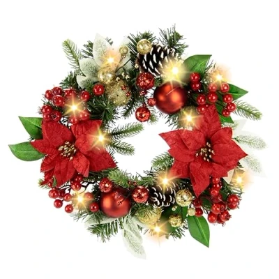 Image de Couronne de Noël décorée avec Poinsettia Baies, Pommes Sapin, Branches Sapin Noël, Boules lumière LED, Couronne, étoile l&#039;Avent, Porte,