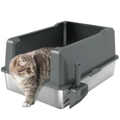 Image de PawHut Bac à litière pour Chat XXL en Acier Inoxydable, 85L Grande capacité, Maison de Toilette Semi fermée, avec Pelle et Patins antidérapants, Facile Nettoyer, 71 x 50,8 35,5 cm, Gris