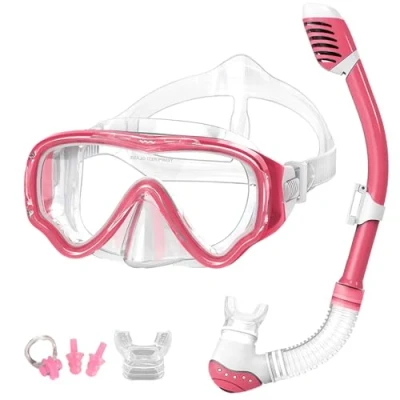 Image de V VILISUN Snorkel Set Enfants, Masque de Anti buée et Fuite, Verre Trempé Panoramique à Large Vue, Dry Top Snorkel, Ensemble Plongée pour Enfants avec Pince Nez Bouchons d&#039;oreille