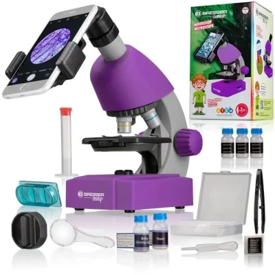 Image de Bresser Junior Microscope pour enfants éclairage LED réglable support smartphone préparation de spécimens et échantillons préparés l&#039;éducation l&#039;exploration microcosmique Violet