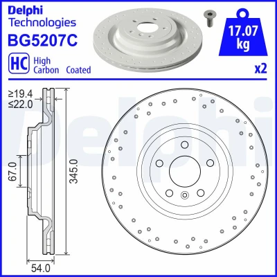 Image de DELPHI Disque de frein MERCEDES BENZ: Classe ML, GL 345mm 22mm 5 ventilé, perforé revêtu à haute teneur en carbone BG5207C 1664230312,A1664230312
