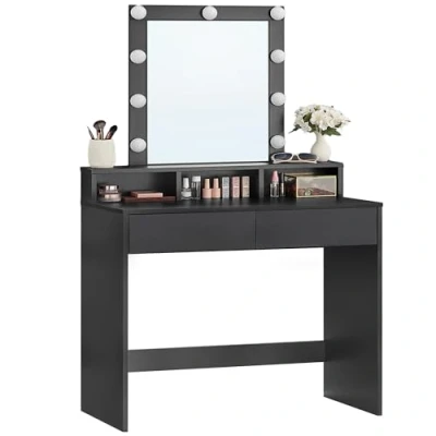 Image de VASAGLE Coiffeuse, Miroir LED à Luminosité Réglable, Table de Maquillage avec Miroir, 2 Tiroirs et 3 Compartiments, Coin Beauté, Style Moderne, Noir RDT114T16