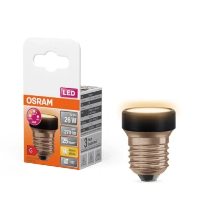 Image de OSRAM LED STAR FLAT mit 3.5W (wie 26W), 270lm/2700K, warmweiß 827, frosted, Kunststoff in Schwarz, E27 Schraubgewinde, 3 fach dimmbar über Wandschalter, 35 mm Durchmesser