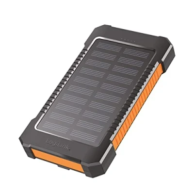 Image de Batterie Externe Solaire de 8000 mAh, Lampe Poche, Charge simultanée 2 appareils (2 Ports USB Type A), Noir/Orange