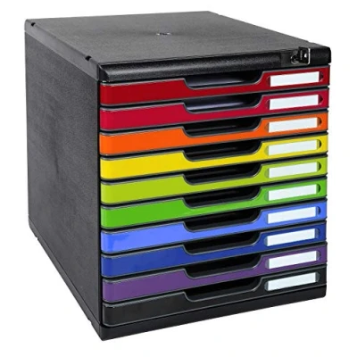 Image de Exacompta Réf. 332798D MODULO A4 Caisson 10 tiroirs avec fermeture à clé pour documents A4+ Dimensions extérieures : Profondeur 35 x largeur 28,8 Hauteur 32 cm Noir/arlequin glossy