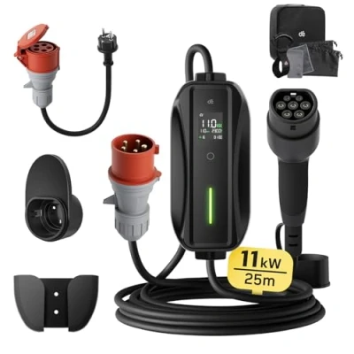 Image de dé Wallbox/station de charge mobile, 11 kW, triphasé, 25 m, 6 16 A, avec puissance réglable, câble CEE 16A vers type 2 et chargeur EV pour modèle Y/3, ID.3/4/5, MG4, EX30, e up,