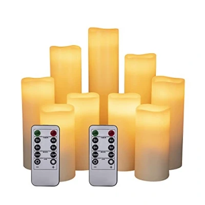 Image de HANZIM Bougies LED, Φ2.2inx4&#039;&#039;5&#039;&#039;6&#039;&#039;7&#039;&#039;8&#039;&#039;9&#039;&#039; Ensemble de 9bougies en cires véritable, et une télécommande à 10 touches avec fonction minuterie 2/4/6/8 heures, 300 heures d&#039;utilisation.