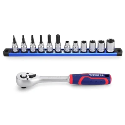 Image de WORKPRO Ensemble de Clés à Cliquet 3/8&quot; Dégagement Rapide, 72 Dents, Douilles Cr V et Barre Magnétique pour 14 Pièces, Outil Réparation Automobile Bricolage