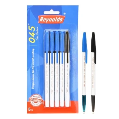 Image de Reynolds Lot de 5 Stylos à bille 045 (4 bleus et 1 noir) avec prise en main confortable pour écrire Stylo étudiants papeterie bureau Pointe 0,7 mm