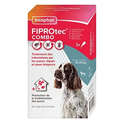 Image de Beaphar FIPROTEC COMBO au Fipronil + (S) Méthoprène dosés à 134 mg/120,6 mg Solution spot on pour chiens moyens (10 20 kg) Agit contre puces, tiques et poux broyeurs 3 pipettes de 1,34 ml