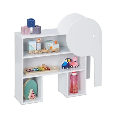 Image de Relaxdays Meuble de Rangement éléphant, 4 Compartiments, bibliothèque, Enfants, H x L P : 60,5 64,5 20,5 cm, Blanc