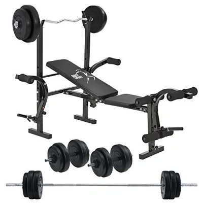 Image de ArtSport Banc de musculation multifonction ProfiGym 1000 &amp; set d&#039;haltères 3 en 1 avec 60 kg poids d&#039;entraînement pliable haltères courts, longs, curl Station