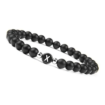 Image de GOOD.designs ® Bracelet Extensible Perles Noires avec Initiale Gravée En Onyx Naturel Homme et Femme (Lettre X)