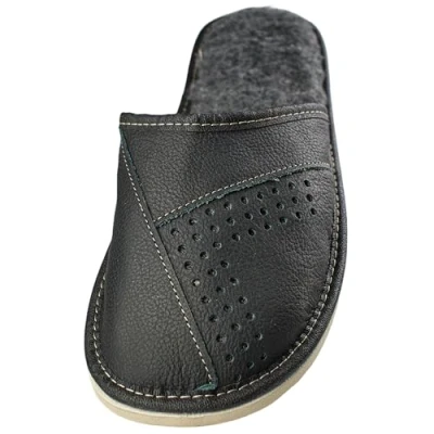 Image de APREGGIO Pantoufles Homme en Cuir Fait Main isolantes Laine et Acrylique Chaussons avec Semelle Basse d&#039;hiver à Bout fermé Noir Pointure 43 EU