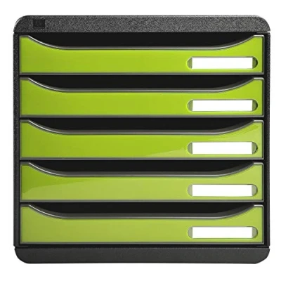Image de Exacompta Réf. 3097225D BIG BOX PLUS Caisson 5 tiroirs pour document A4+ Dimensions extérieures : Profondeur 34,7 x largeur 27,8 Hauteur 27,1cm Noir/Vert Anis glossy
