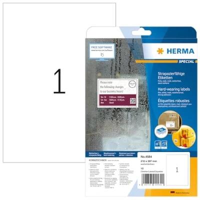 Image de HERMA A4 Rectangle aux angles arrondis Blanc 10pièce(s) étiquette auto collante Étiquettes collantes (Blanc, arrondis, A4, Universel, Matte, Laser)