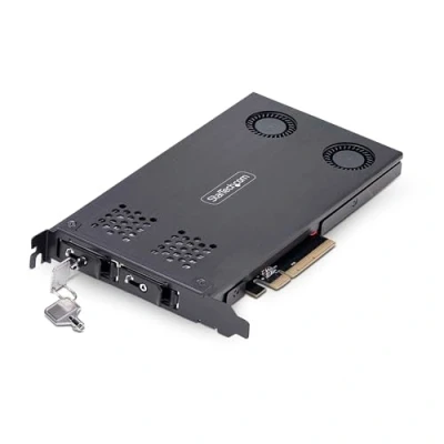 Image de StarTech.com Double Baie M.2 NVMe SSD vers PCIe x8 avec Plateau Amovible, Bifurcation Requise, Installation sans Outils