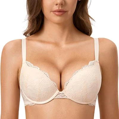 Image de DOBREVA Femme Soutien Gorge Push Up Dentelle avec Armatures Plongeant Rembourré Moulé Rose Blanc 100B