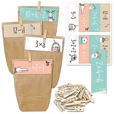 Image de Calendrier de l&#039;Avent à remplir 24 pochettes cadeaux et autocollants pinces chiffres problèmes maths motifs réaliser soi même Noël mini set n 273