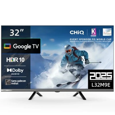 Image de CHiQ L32M9E Téléviseur Smart 32 Pouces (80 cm), HDR10, Google TV, Tuner Triple, Dolby Audio, DBX HDMI, USB, sans Cadre en métal, Noir