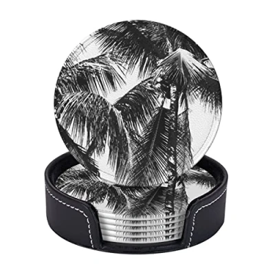 Image de Palmier Tropical Noir et Blanc, sous Verres Ronds, Tapis de Tasses, Ensemble Tasses 6 en Cuir avec Support