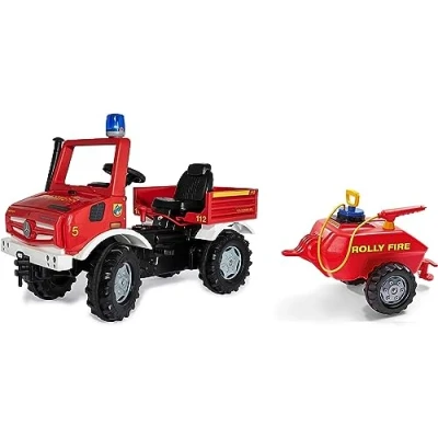 Image de ROLLY TOYS Fire Unimog Pompier Edition 2020 avec remorque (Voiture à pédales 3 8 Ans, seringue, Clignotant, Circuit, Frein) 038275, 38275, Rouge
