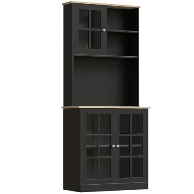 Image de HOMCOM Buffet de Cuisine Armoire Multi rangements 3 Portes vitrine Verre avec étagère 2 niches Grand Plateau MDF Noir chêne