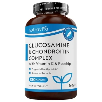 Image de Glucosamine et Chondroitine Complex avec Vitamine C, Extrait de Rose Musquée Gingembre Curcuma Chondroïtine Gélules par Nutravita