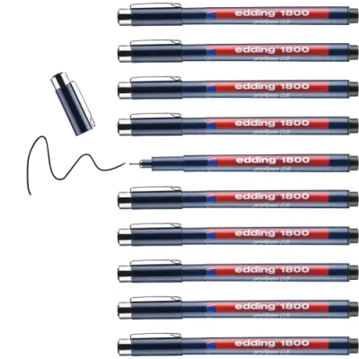 Image de edding 1800 Feutre fin de précision Noir 10 stylos Largeur trait,5 mm pour une écriture et des esquisses précises Pointe fine gainée métal adapté aux règles pochoirs