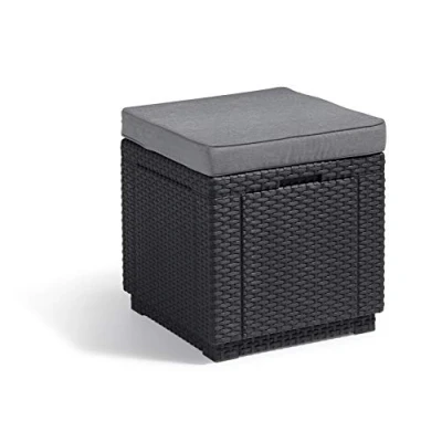 Image de Keter Allibert by Tabouret Cube avec Espace de Rangement, Gris, Coussin, Couvercle Amovible, Aspect rotin Plat, résistant aux intempéries, 42 x 39 cm